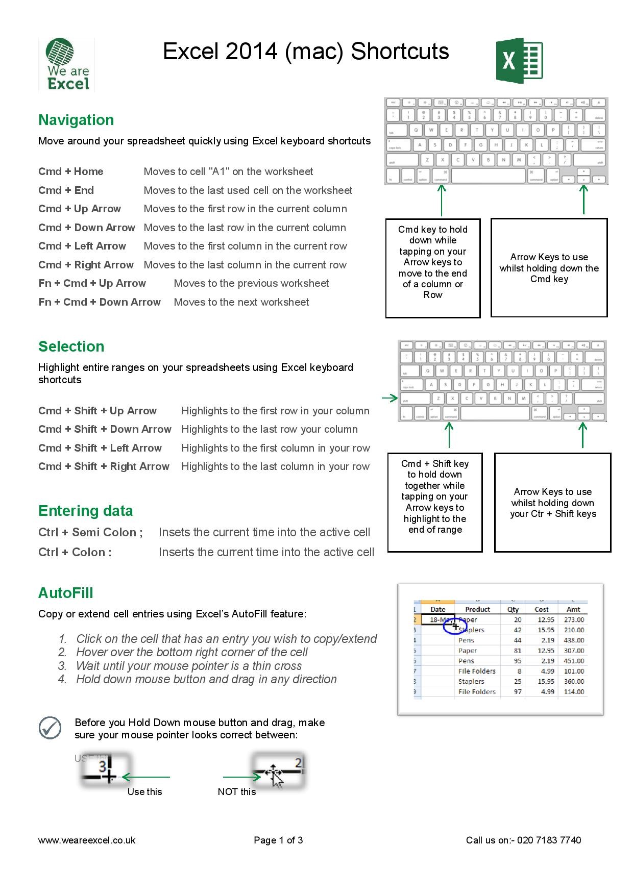 keyboard shortcuts for excel on mac